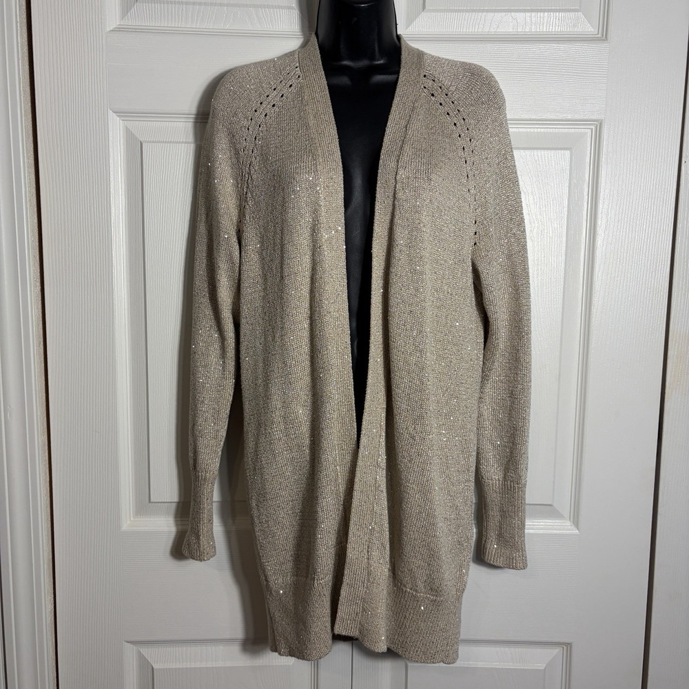 Banana Republic Open Front Cardigan Women M Gold Sequin Knit Sweater Pockets Top